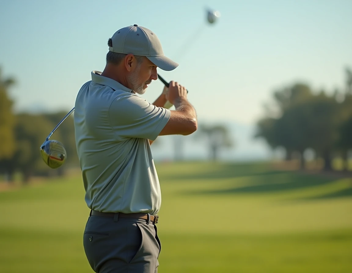 Golfeur concentré en train de pratiquer un wedge shot sur le terrain, illustrant la maîtrise mentale au golf