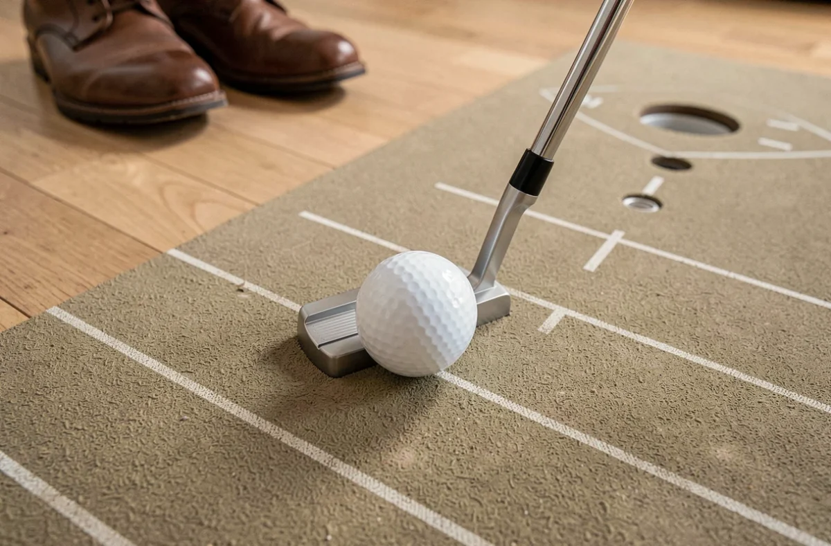 Gros plan sur une tête de putter frappant une balle de golf sur un tapis d'entraînement putting intérieur