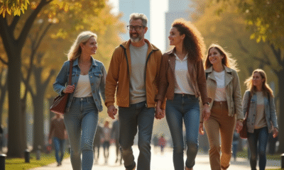 Groupe d'adultes divers marchant dans un parc urbain ensoleille