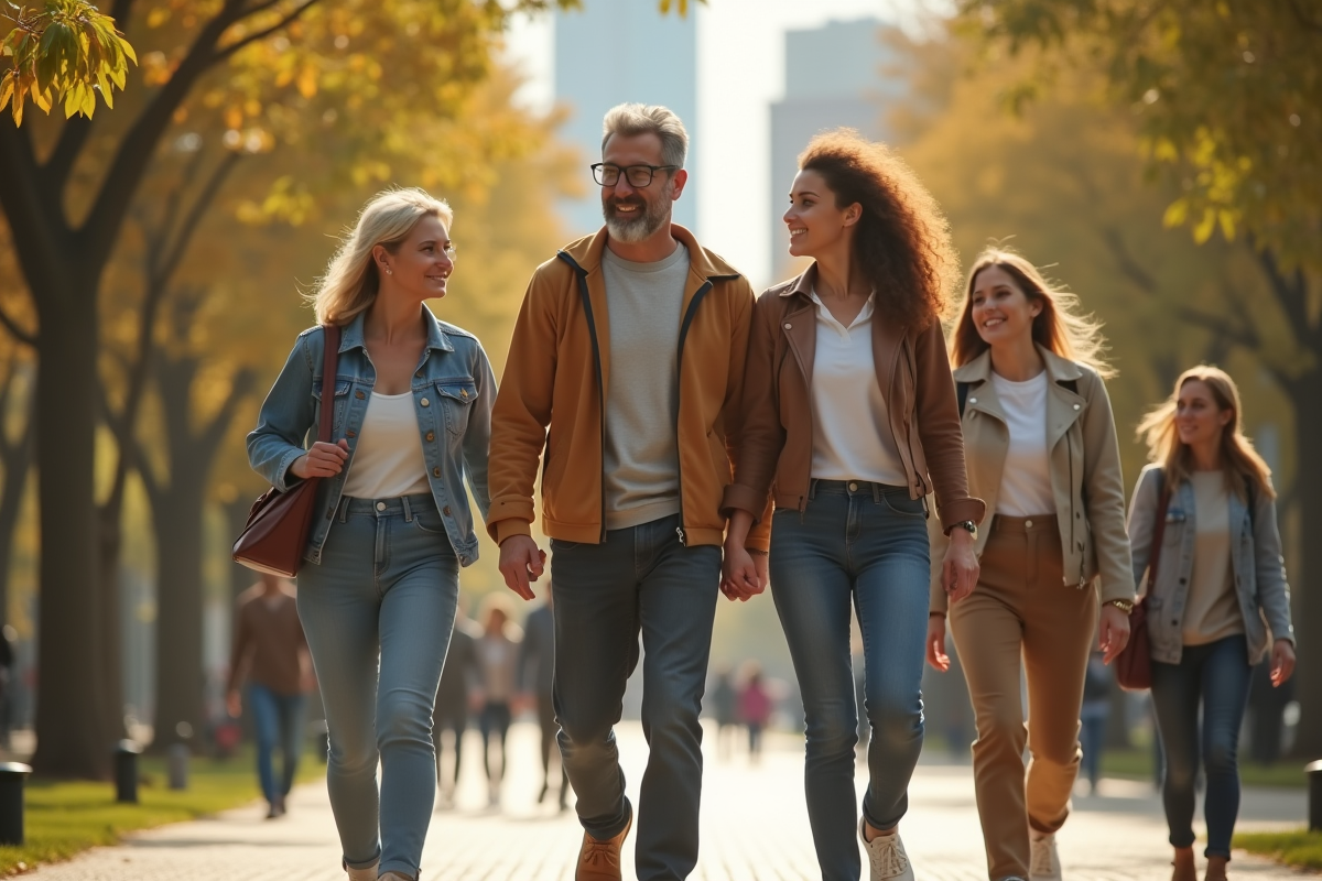 Groupe d'adultes divers marchant dans un parc urbain ensoleille