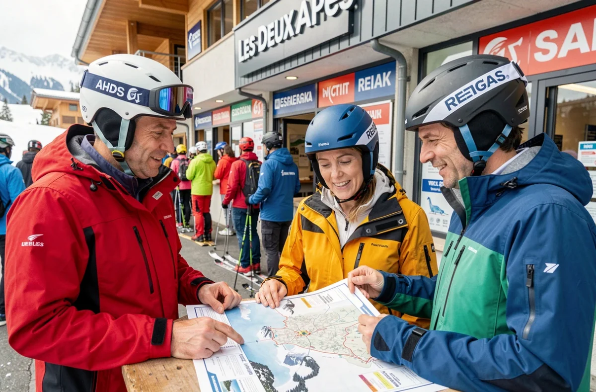 Groupe d'amis choisissant leur forfait ski aux Deux Alpes en consultant le plan des pistes