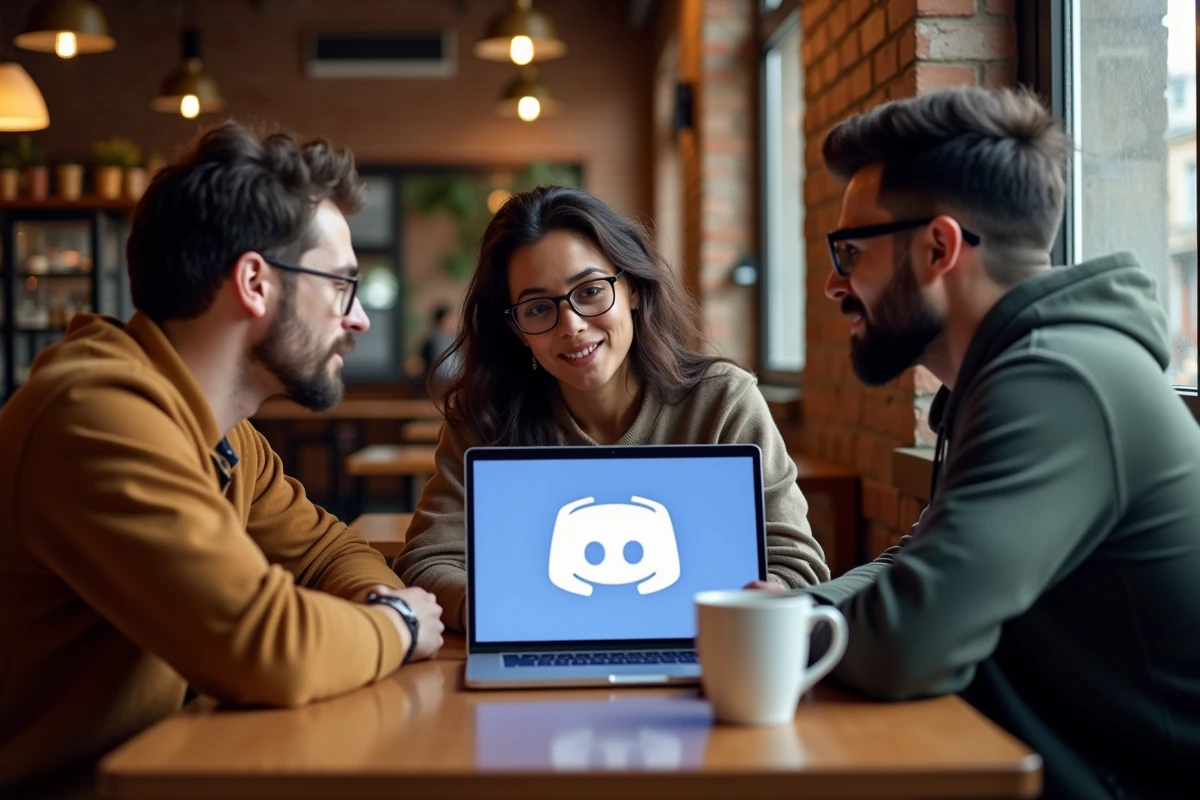Trois amis discutant autour d un ordinateur dans un café