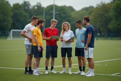 Jeunes sportifs discutant stratégies sur un terrain