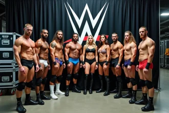Groupe de lutteurs divers en coulisses avant un combat WWE