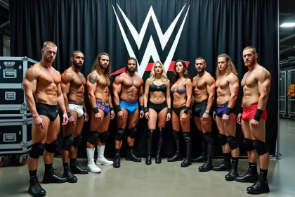 Groupe de lutteurs divers en coulisses avant un combat WWE