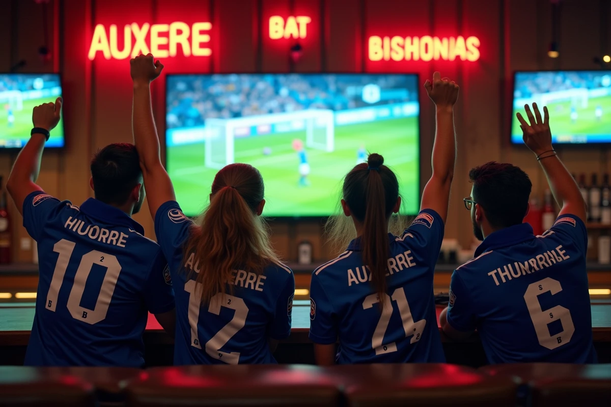 Groupe de supporters de l'AJA célébrant un but dans un bar sportif devant un écran de télévision