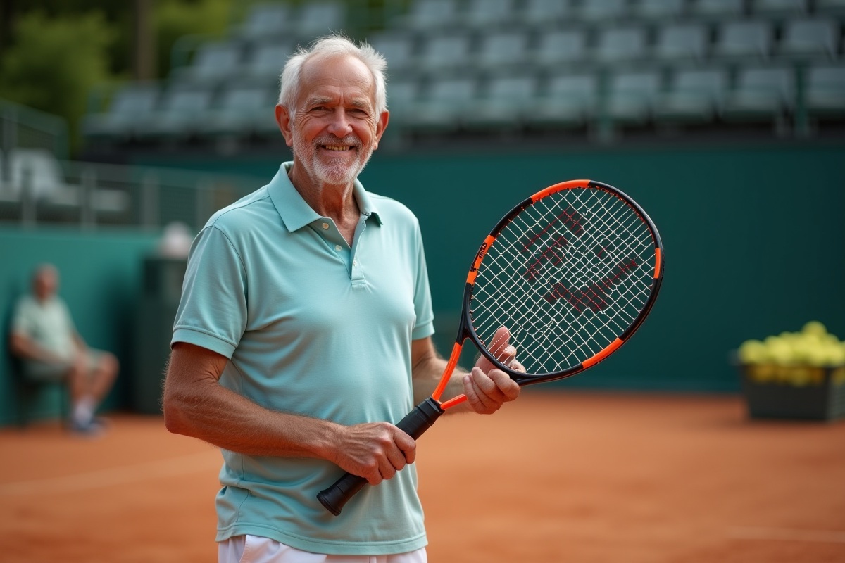Homme senior tenant un racket de tennis sur un court intérieur