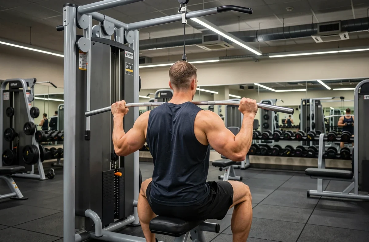 Homme assis à une machine de tirage vertical dans une salle de sport