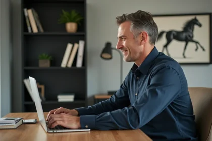Homme d'âge moyen travaillant concentré sur son ordinateur dans un bureau moderne