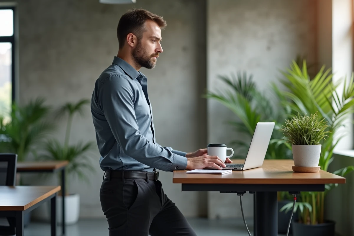Homme utilisant un bureau debout au bureau pour augmenter son nombre de pas sans faire de sport