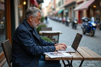Homme d'âge moyen au café avec ordinateur et moto