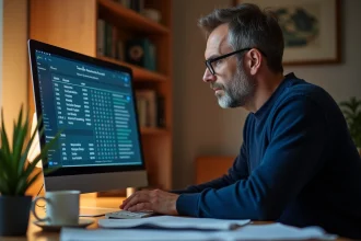Un homme d'âge moyen consulte des statistiques de courses de trot sur un ordinateur de bureau, comparant deux interfaces web différentes