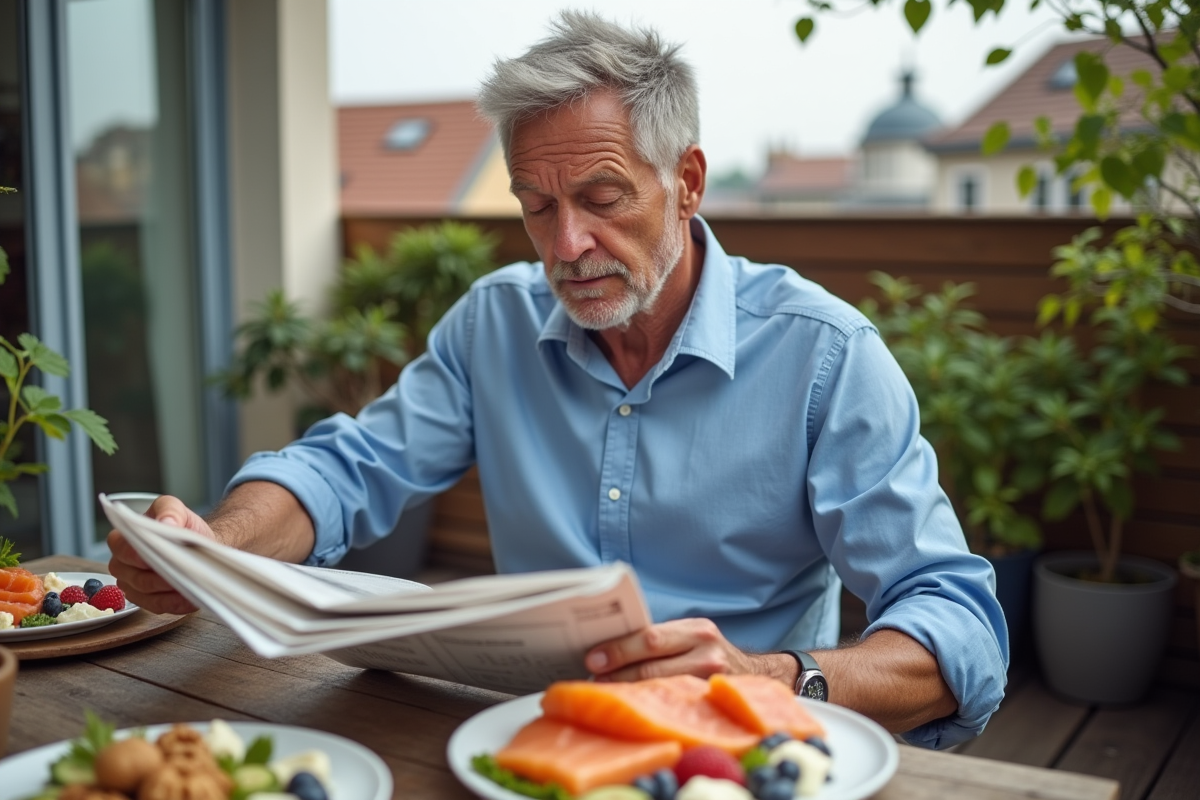 Homme dégustant un petit déjeuner en terrasse urbaine