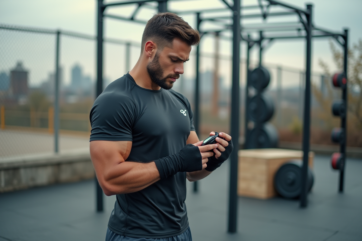 Homme musclé vérifiant son chrono en espace d