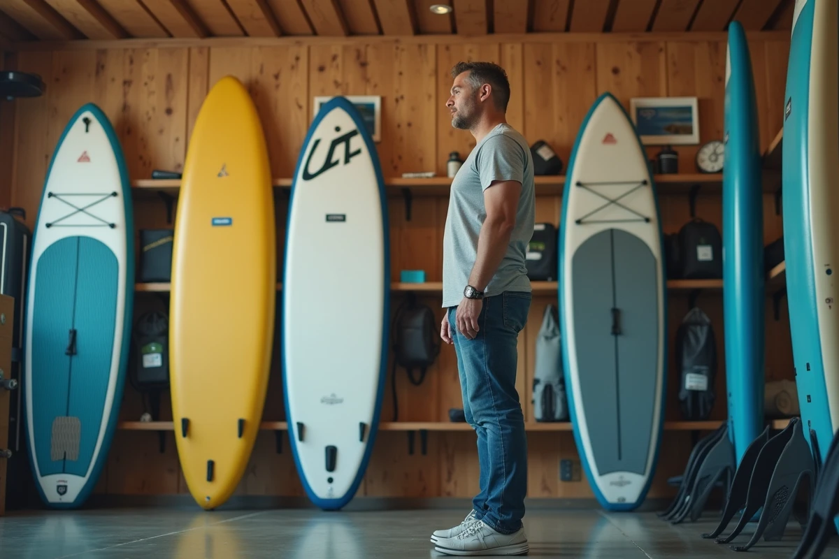 Homme vérifiant des paddle boards en magasin