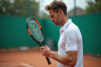Homme inspectant une raquette de tennis en extérieur