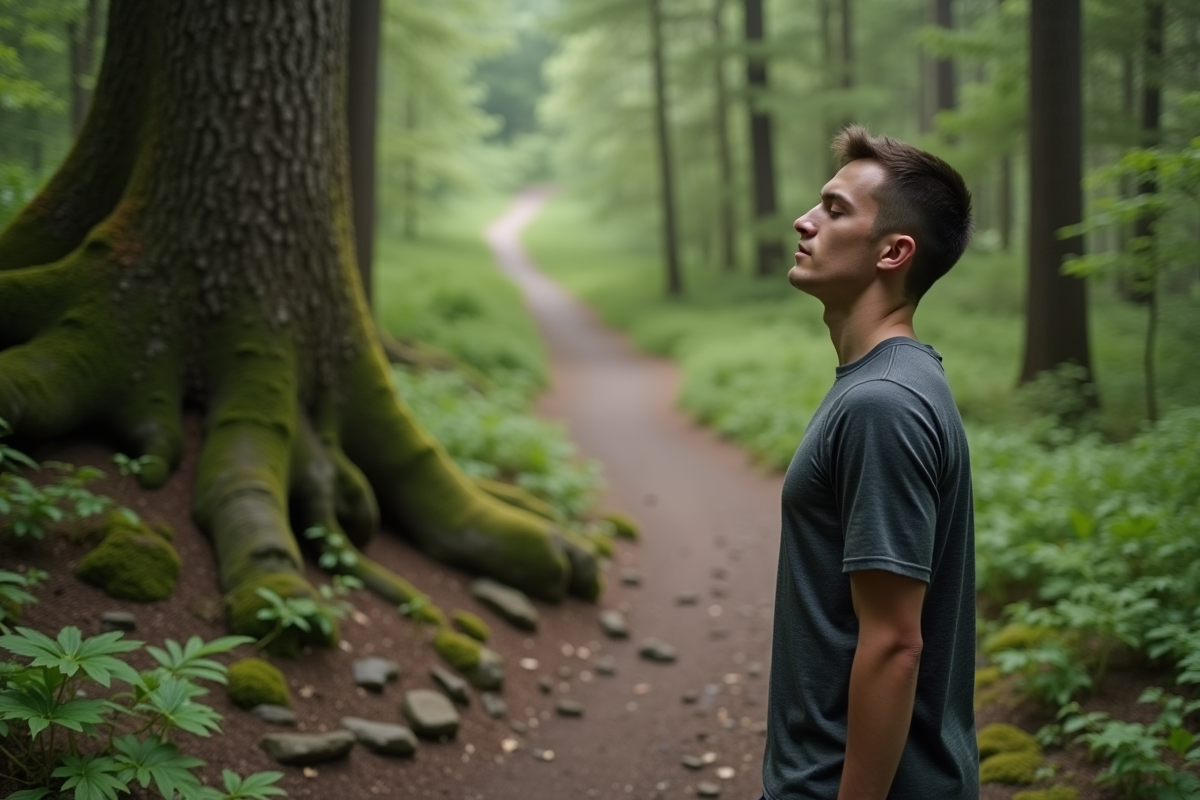 Jeune homme méditant en nature sur un sentier forestier