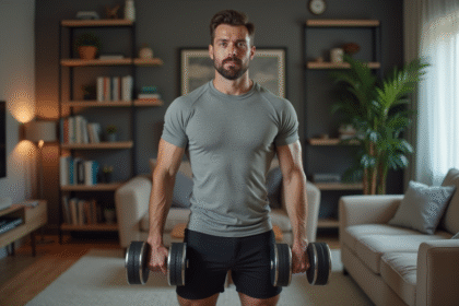 Homme musclé en train de faire un curl biceps dans un salon moderne