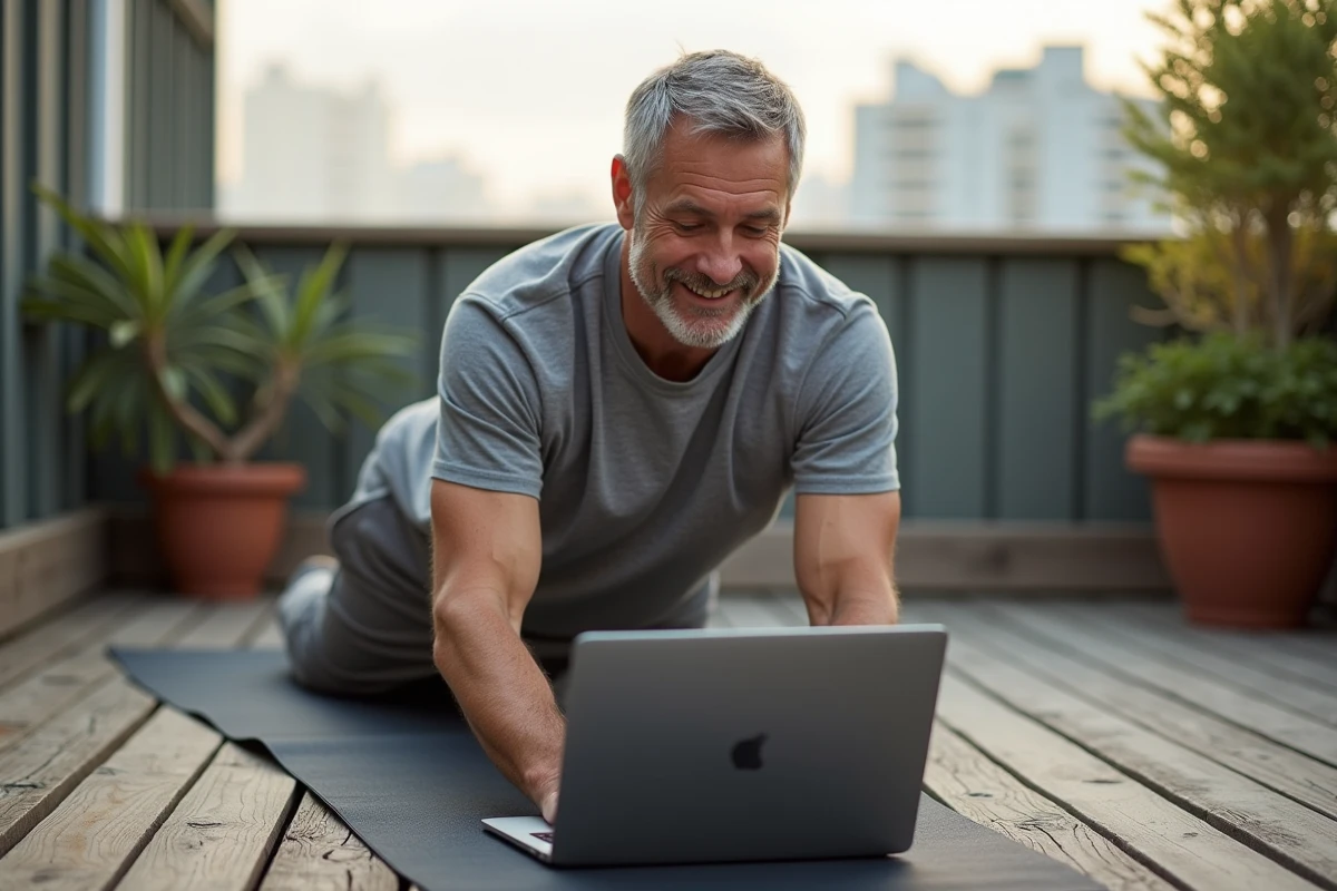Homme suivant une vidéo de pilates en extérieur