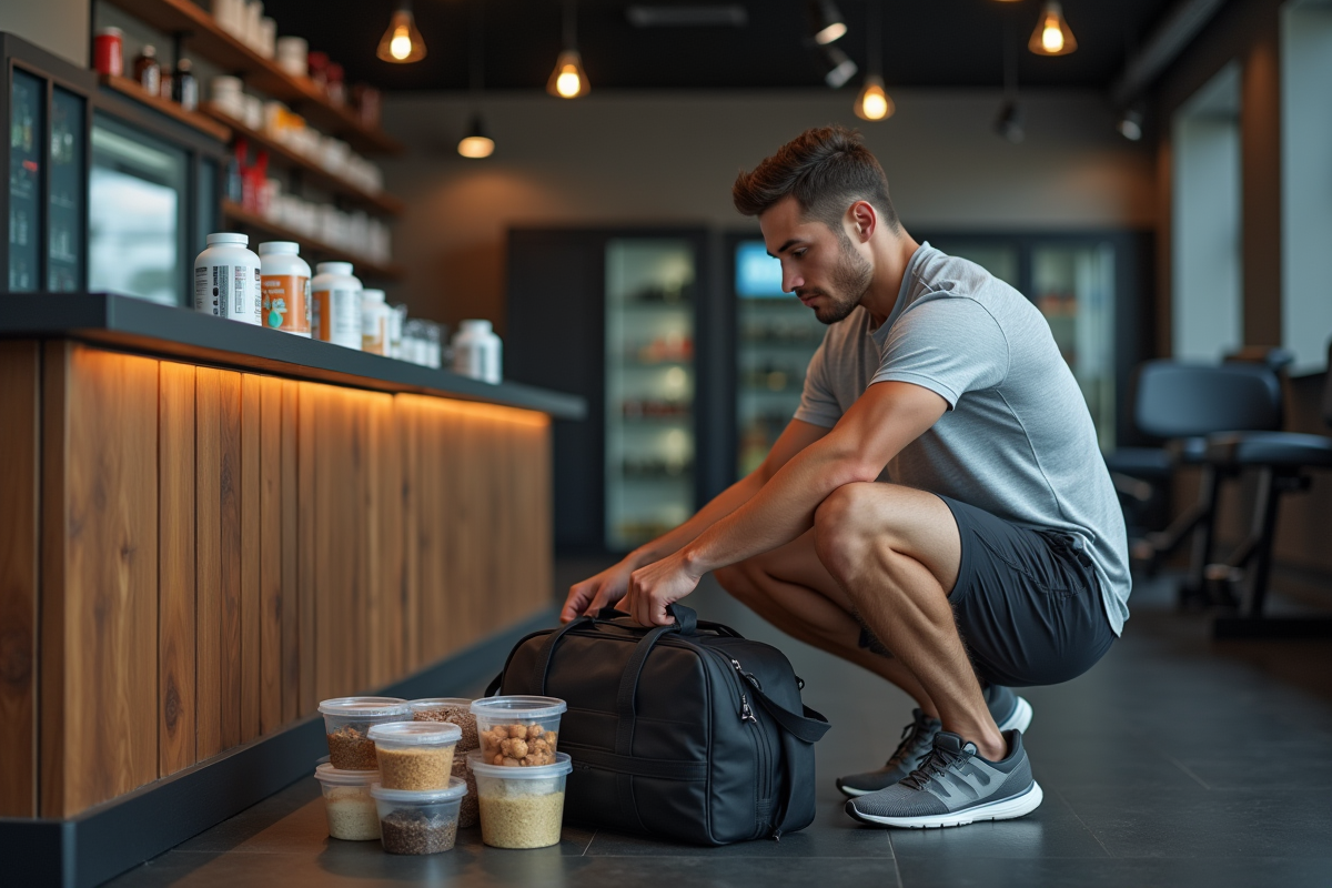 Homme préparant ses repas keto dans la salle de sport