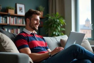 Jeune homme regardant un match de rugby sur son ordinateur