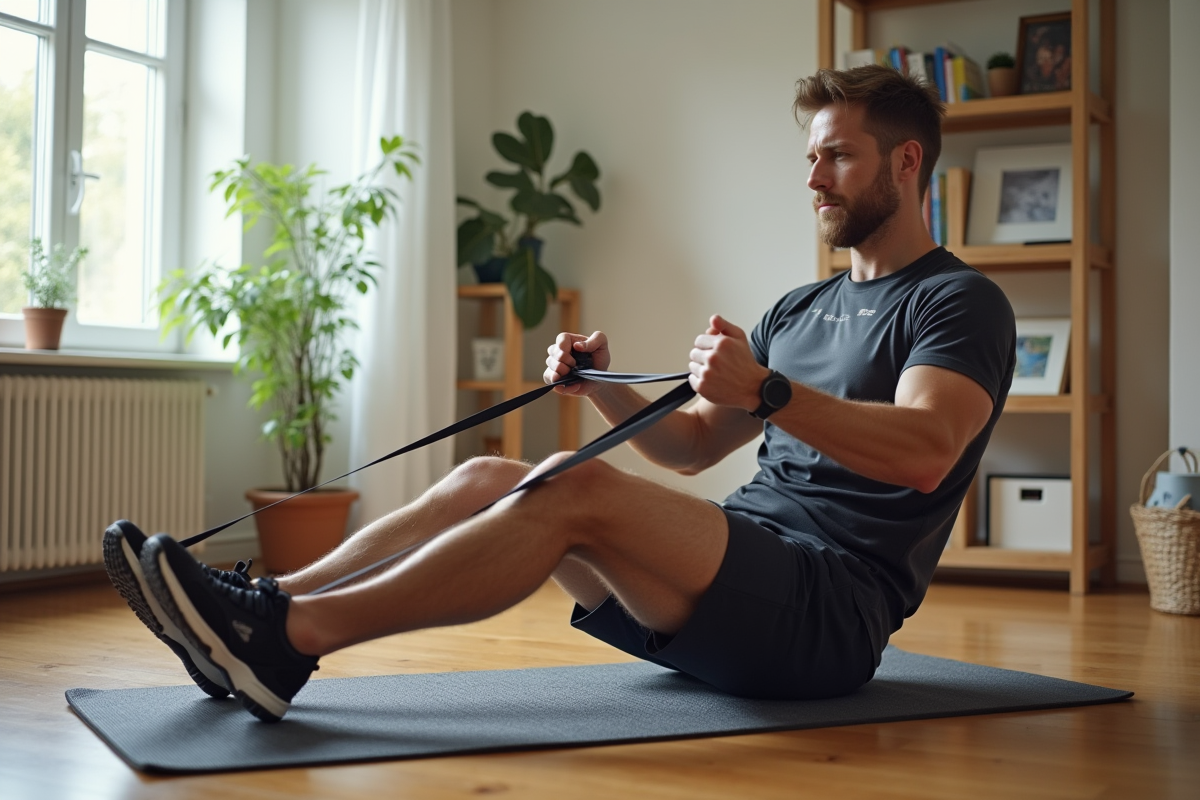 Homme faisant un exercice avec bande de résistance dans un salon