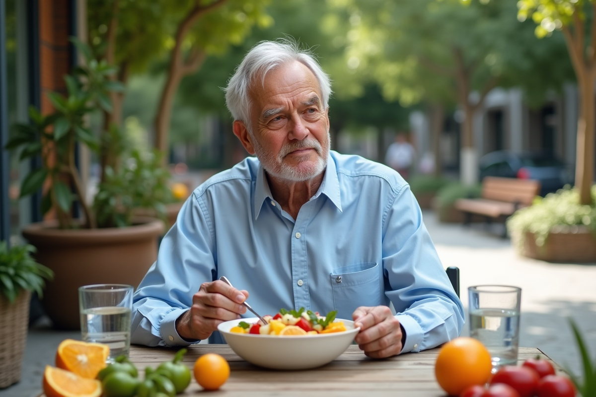 Homme âgé dégustant une salade de fruits en extérieur