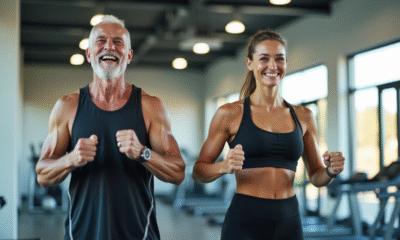 Homme senior et jeune femme faisant du sport dans une salle lumineuse