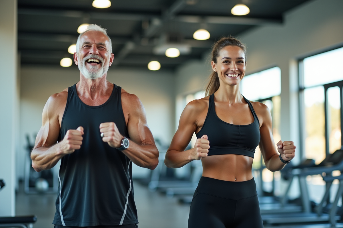 Homme senior et jeune femme faisant du sport dans une salle lumineuse