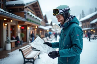 Homme souriant vérifiant une carte à Tignes en ski