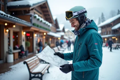 Homme souriant vérifiant une carte à Tignes en ski