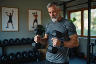 Homme d'âge moyen examinant des haltères ajustables dans une salle de sport maison