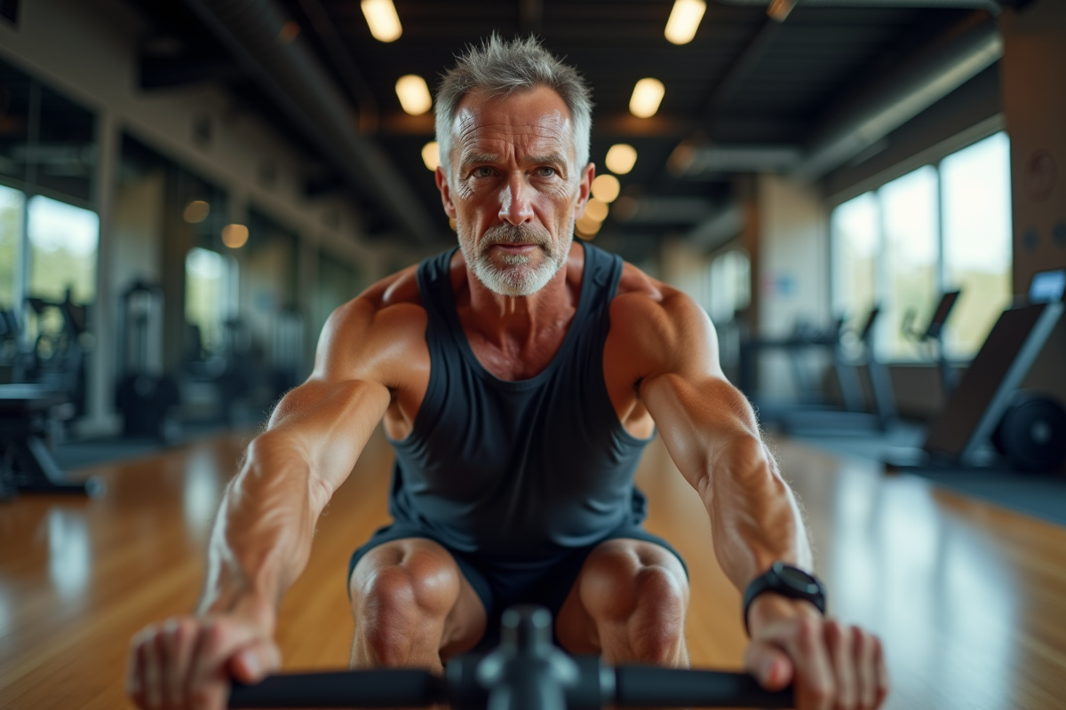 Homme en entraînement sur rameur en salle de sport