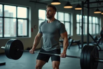 Jeune homme athlétique en salle de musculation lors d'un deadlift