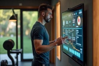 Homme en entraînement utilisant un miroir fitness connecté