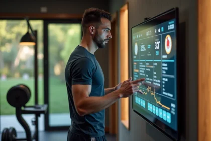 Homme en entraînement utilisant un miroir fitness connecté