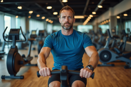 Homme musclé en T-shirt bleu utilisant un rameur en salle
