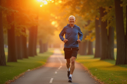Homme senior joyeux en tenue de sport courant dans un parc au lever du soleil