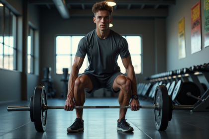 Jeune homme en squat avec t-shirt technique en salle de sport