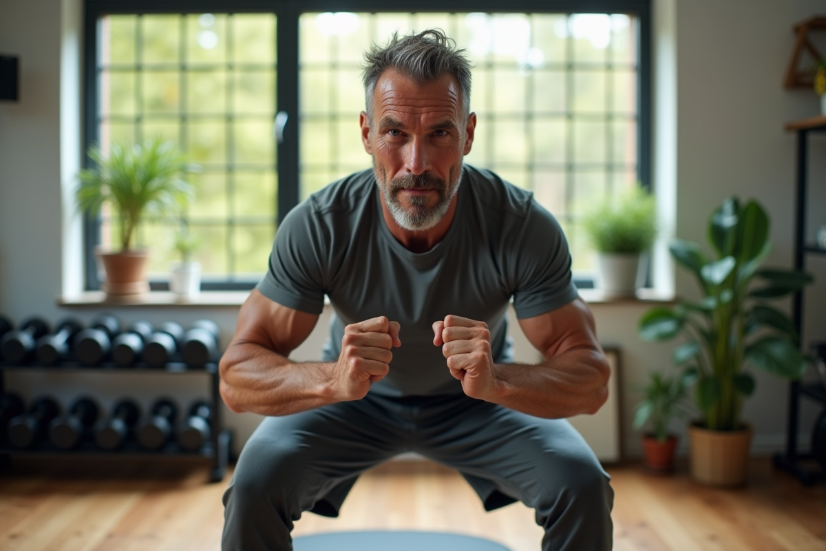 Homme faisant des squats dans une salle de sport lumineuse