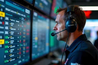 Ingénieur F1 analysant le classement des points sur les écrans du mur des stands lors d'un Grand Prix
