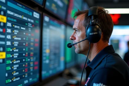 Ingénieur F1 analysant le classement des points sur les écrans du mur des stands lors d'un Grand Prix