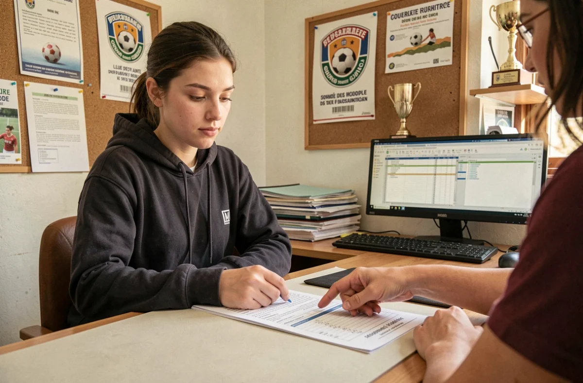 Jeune femme s'inscrivant dans un club de football féminin au bureau du district de Vendée, remplissant un formulaire d'adhésion