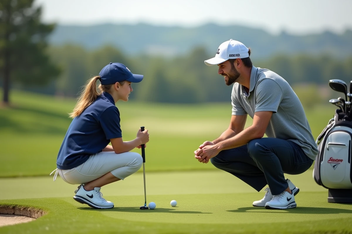 Instructeur de golf discutant avec une jeune fille sur le green