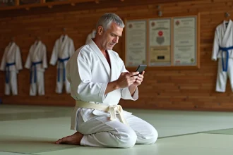 Instructeur de judo en gi blanc utilisant un smartphone