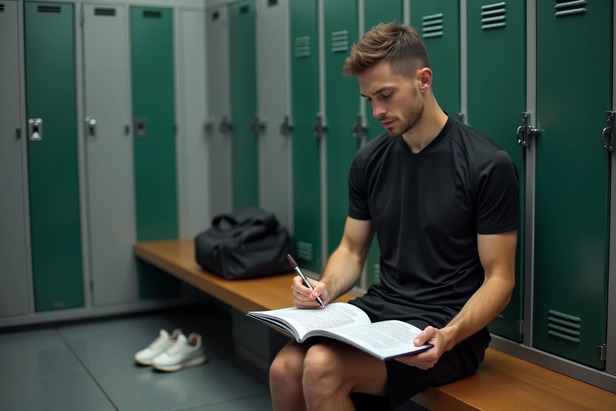 Jeune arbitre de handball assis dans un vestiaire étudiant le règlement officiel du handball avant un match