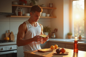 Jeune athlète préparant un toast complet avec beurre naturel dans une cuisine lumineuse