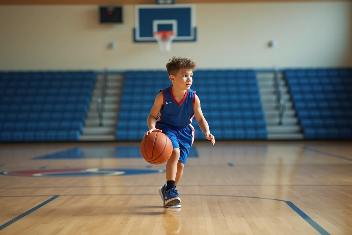 Jeune garçon en maillot de basket dribblant intensément