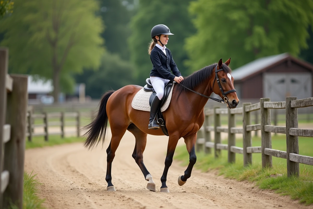 Jeune fille en équitation avec un poney dans un paddock vert