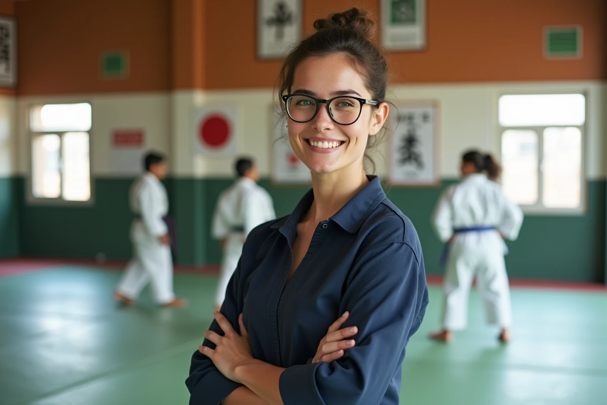 Jeune femme observant un entraînement de judo dans le dojo